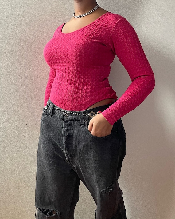 Vintage Pink Textured Bodysuit (M) - Long Sleeve B
