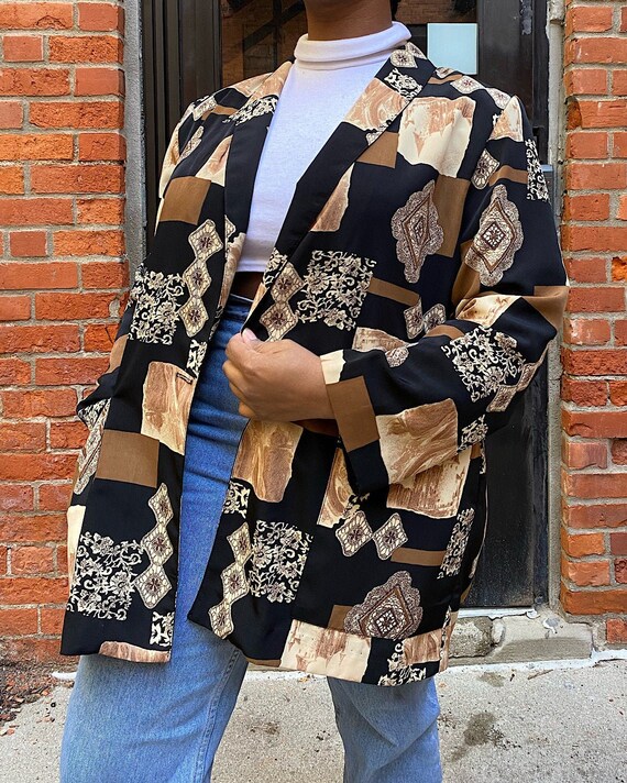 Vintage Oversized Black Abstract Print Blazer - Ke