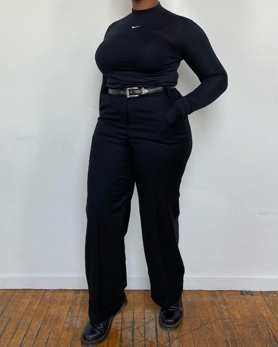 Vintage 90s Black Wool Trousers (30) - Black Hi-Ri