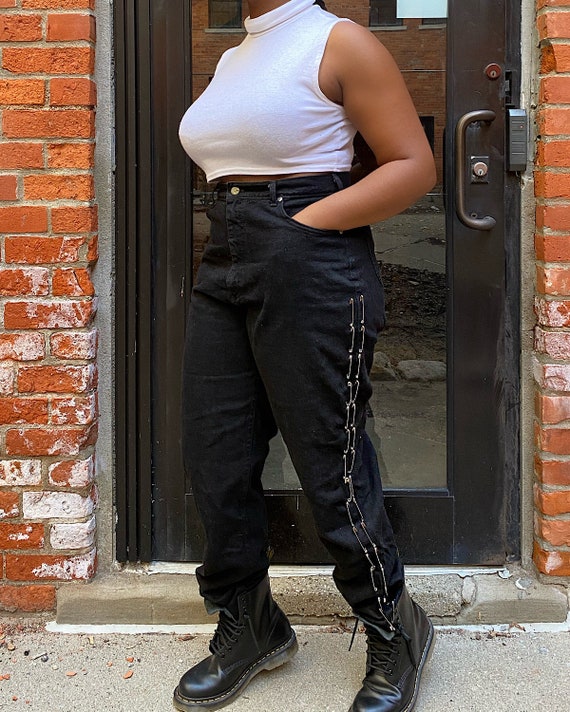 Vintage Re-Worked Lee Black Safety Pin Mom Jeans 3