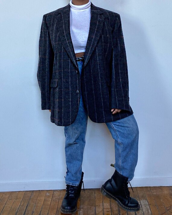 Vintage Oversized Black Plaid Wool Blazer - Oversi
