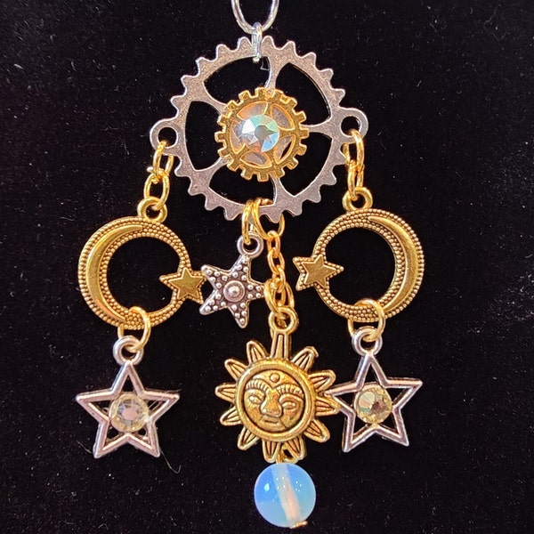 Magic in the Sky Necklace- Sun Moon Stars Lucky Charm Amulet Witchy jewelry Pendant Good Luck Charm Crystal Moonstone Women's Wiccan celtic