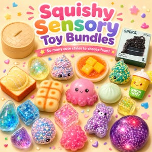 Könnte beinhalten: Eine Sammlung verschiedener squishy sensorischer Spielzeuge, darunter ein rosa Oktopus, ein violetter Bär, ein Zitronengetränkebecher, eine Toastscheibe, ein Bambusdämpfer und verschiedene glitzernde oder perlige Formen, mit dem Text Squishy Sensory Toy Bundles.