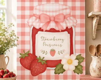 Strawberry Art Kitchen Wall Decor, Cottagecore Canvas Print with Pink Gingham Background