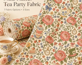 Mad Hatter Tea Party Fabric Whimsical Chintz Floral Fabric Cottagecore Sewing Fabric Vintage Tea Party Cotton Linen Twill Fabric for Bows