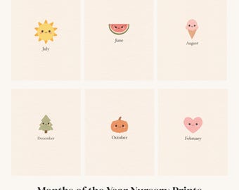 Kawaii Months of the Year Nursery Prints | Neutral Calendar Art (Digital Download)