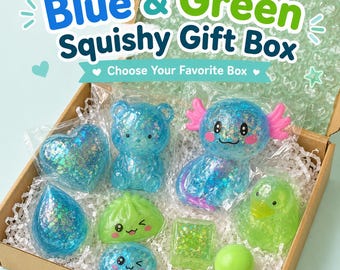 Blue Green Squishy Toy Gift Box 3 Plus Kids Fidget Toy Bundle Color Themed Squishies Birthday Party Favor Sensory Style Stress Relief Toys