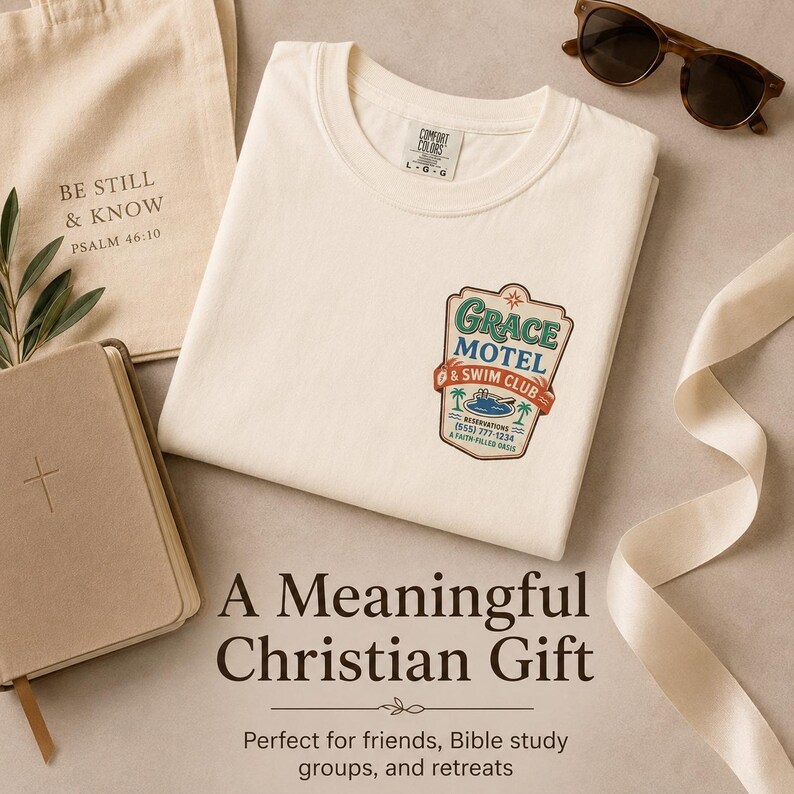 Puede incluir: Camiseta color crema con un gr&aacute;fico de "Grace Motel & Swim Club", gafas de sol, una bolsa de mano con texto y una Biblia. El gr&aacute;fico incluye palmeras y el texto "A Faith Filled Basis". La bolsa de mano dice "Be Still & Know Psalm 46:10".