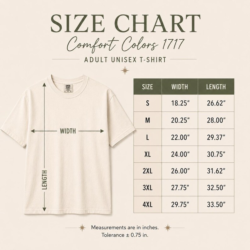 Puede incluir: Camiseta unisex para adultos de color crema con una tabla de tallas. La tabla muestra las medidas de ancho y largo en pulgadas para las tallas S a 4XL. El texto "SIZE CHART Comfort Colors 1717" est&aacute; en la parte superior.