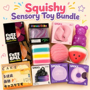 May include: A collection of sensory toys including two Fuzz Ball boxes, a Stress Cube, a Speks Blur putty box, a purple bear-shaped toy, a striped foam block, a pink textured ball, a watermelon-shaped toy, a cake-themed box, and three Speks boxes.