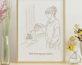 Botanical Woman Watering Plant Line Art Print, Minimalist Quote (Digital Download)