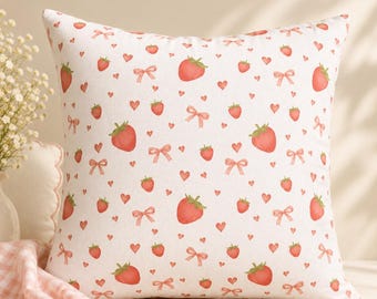 Strawberry Pillow Cover Coquette Room Decor Cottagecore Throw Pillow Cover Pink Bow Girly Bedroom Decor Soft Romantic Home Decor