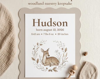 Custom baby birth stats print forest nursery decor woodland newborn keepsake gift for baby shower personalized gift for expecting mom fawn