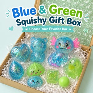 Blå & grön squishy presentask, utvald Fidget-leksakspaket för barn