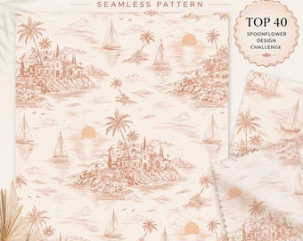 Mediterranean Toile Seamless Pattern Coastal Villa Digital Paper Vintage Resort Fabric Wallpaper Print Palm Tree Sailboat Repeat Design