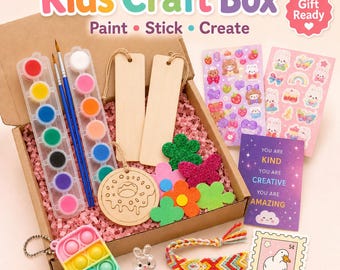 Mini Kids Craft Box Paint Your Own Bookmark and Ornament Kit Kawaii Sticker Activity Box Screen Free Kids Craft Gift Party Favor