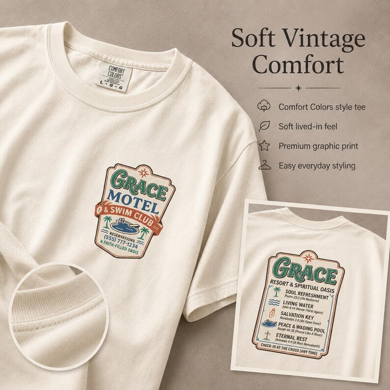 Puede incluir: Camiseta color crema con un gr&aacute;fico vintage de "GRACE MOTEL & SWIM CLUB". La camiseta tambi&eacute;n tiene una imagen m&aacute;s peque&ntilde;a con texto adicional. La camiseta est&aacute; etiquetada como "Comfort Colors".