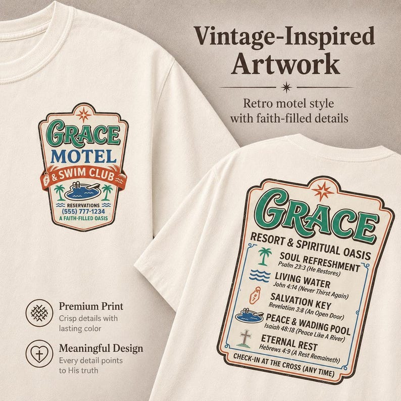 Puede incluir: Camisetas blanquecinas con ilustraciones de inspiraci&oacute;n vintage. Una camiseta presenta un dise&ntilde;o "Grace Motel & Swim Club", la otra un dise&ntilde;o "Grace Resort & Spiritual Oasis". Ambas camisetas tienen gr&aacute;ficos y texto detallados.
