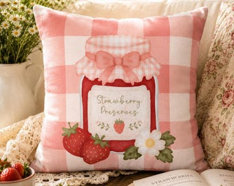 Strawberry Pillow with Reversible Pink Gingham Design, Hand-Drawn Cottagecore Decor