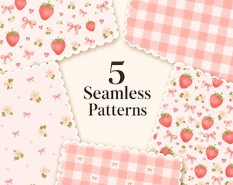 Strawberry Coquette Pattern Bundle Pink Gingham Floral Bow Seamless Pattern PNG Tiles Commercial Use Digital Paper for Girl Seamless Pattern