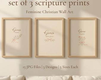 Christian Wall Art Set of 3 Scripture Prints Feminine Printable Grace Download