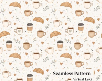 Coffee & Croissant Pattern | Cozy Cafe Fabric, Wallpaper (Digital Download)