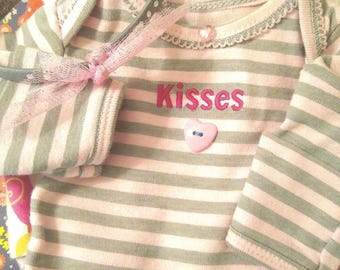 Grey and Pink Kisses Love Birds Gown with Extra Fancy fold-over Mittens for Bitty Baby or Bitty Twin 2 piece set with Free Shipping