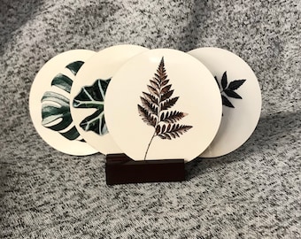 Botanical Plant Coasters, Set of 4, Glossy Drink Coasters with Stand