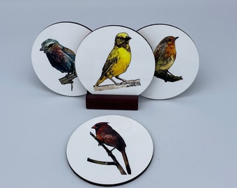Woodland Bird Coasters, Glossy Drink Coasters with Stand, Set of 4