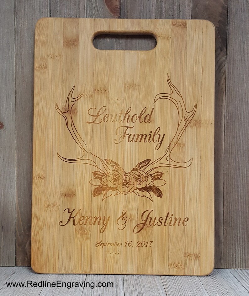 Medium Laser Engraved Bamboo Cutting Board Floral Antlers Stock