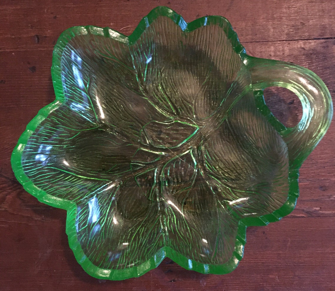 ORIGINAL green carnival glass leaf candy dish bowl Etsy