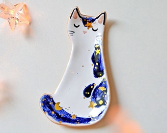Celestial Cat Ring Dish, Decorated with Gold, Galaxy Cat Trinket Dish, Ceramic Galaxy Cat Jewellery Storage, Tiny Cat Ring Holder