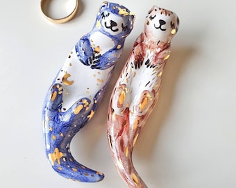 Otter Figurine, Ceramic Otter, Moon Phases,Galaxy figurine, Ceramic Animal Sculpture, Miniature Otter