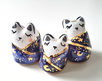 Moon Phases Cat Figurine, Celestial Cat Art, Galaxy Cat Sculpture, Cat in a scarf, Cat in a blanket, Crescent Moon Cat, Ceramic Cat,