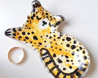 Plato con forma de anillo de leopardo, leopardo de cerámica, decoración de guepardo, guepardo de cerámica, animal de safari, animal espiritual, gato de cerámica
