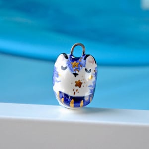 Tiny Cat Jewelry, Ceramic Cat Necklace, Blue Cat with Gold Stars, Unique Animal Lover Gift, Cat Necklace, Tiny Ceramic Animal, Tiny Art image 1