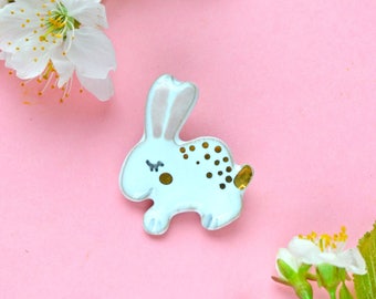 Ceramic Bunny Brooch, Rabbit Jewelry, Miniature Ceramic Animal, Unique Animal Lover Gift, Bunny Pin, Rabbit Pin, Tiny Ceramic Animal