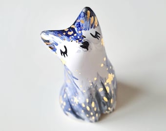 Galaxy Fox Figurine, Ceramic Blue Fox with Gold Decoration, Celestial Fox