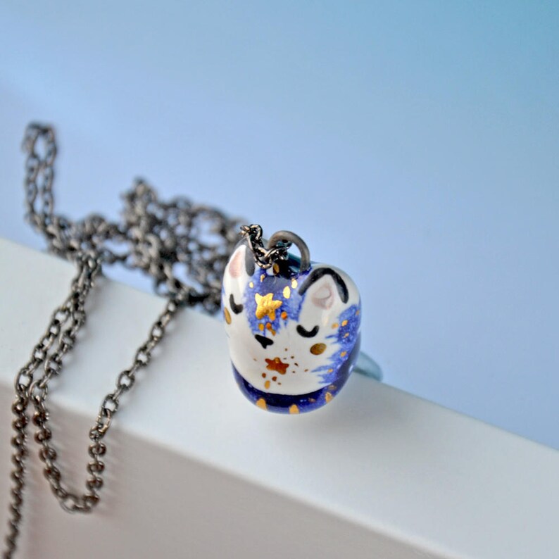 Tiny Cat Jewelry, Ceramic Cat Necklace, Blue Cat with Gold Stars, Unique Animal Lover Gift, Cat Necklace, Tiny Ceramic Animal, Tiny Art image 4