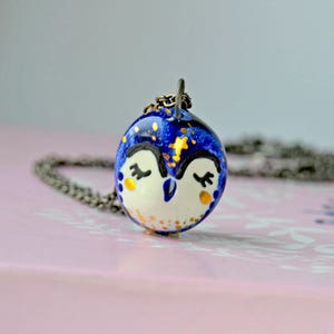 Owl Lover Jewellery, Gift for Her Idea, Galaxy Owl Necklace, Tiny Ceramic Owl, Genuine Gold Decorated, Bird Lover Gift Idea