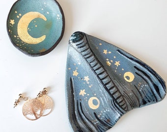 Celestial Moth Ring Dish, Moth and Moon Set, Ceramic Moth Galaxy Moth Trinket Dish, Galaxy Moth Jewellery Storage, Tiny Moth Ring Holder