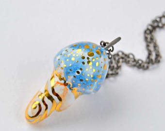 Jellyfish Necklace, Ceramic Ocean Jewelry, Jellyfish Pendant, Unique Animal Lover Gift, Genuine Gold Decorated Ceramic Necklace