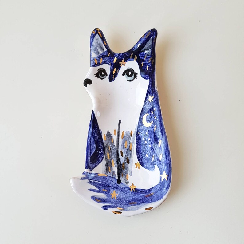 Husky Ring Dish, Decorated with Gold, Galaxy Dog Trinket Dish, Ceramic Galaxy Dog Jewellery Storage image 5