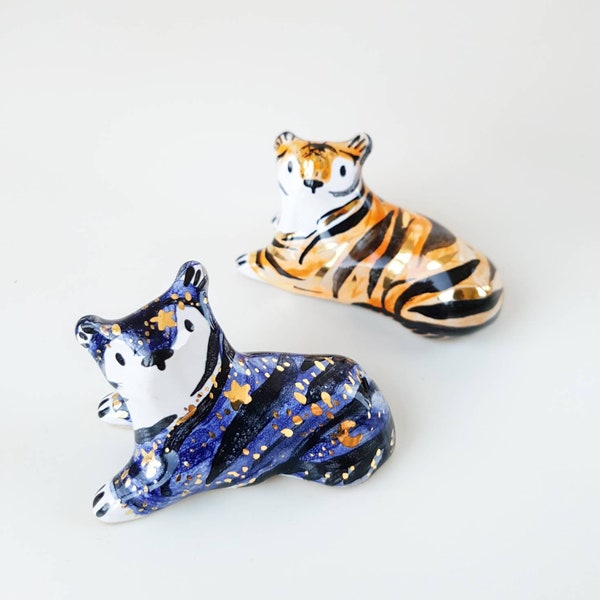 Figurine de tigre, Tigre en céramique, Phases de lune, Cadeau de Noël, Sculpture animalière en céramique, Tigre miniature