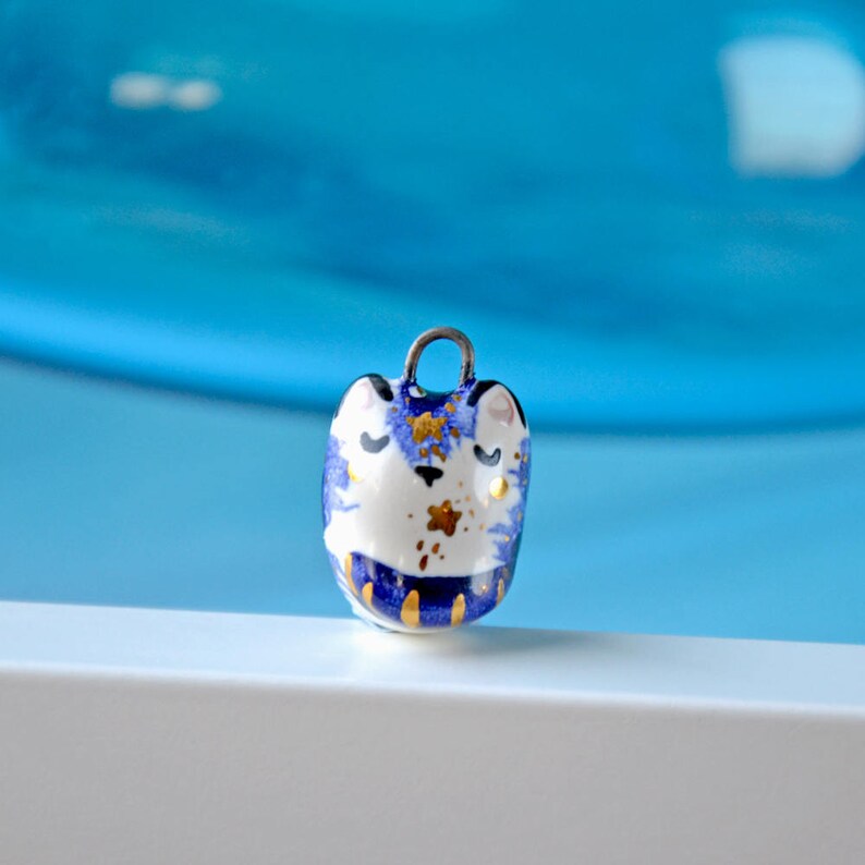 Tiny Cat Jewelry, Ceramic Cat Necklace, Blue Cat with Gold Stars, Unique Animal Lover Gift, Cat Necklace, Tiny Ceramic Animal, Tiny Art image 1