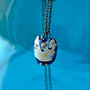 Tiny Cat Jewelry, Ceramic Cat Necklace, Blue Cat with Gold Stars, Unique Animal Lover Gift, Cat Necklace, Tiny Ceramic Animal, Tiny Art image 3