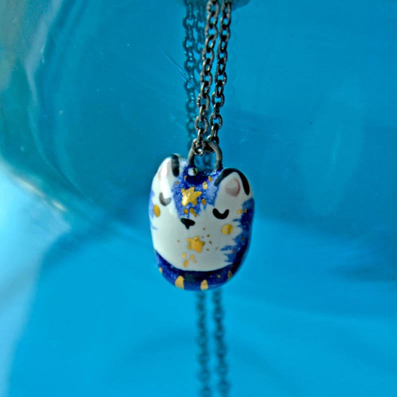 Tiny Cat Jewelry, Ceramic Cat Necklace, Blue Cat with Gold Stars, Unique Animal Lover Gift, Cat Necklace, Tiny Ceramic Animal, Tiny Art image 3