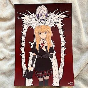 May include: Anime-style illustration featuring a blonde-haired character in a black outfit and a red plaid skirt, holding a book. A skeletal figure stands behind her against a red backdrop. The artwork is signed "tipsy art".