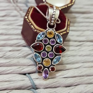 Vintage 925 Sterling Silver Necklace, Multigemstones Pendant,Multi Gems Necklace