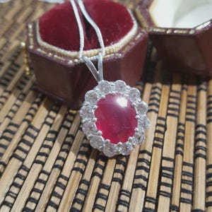 925 Sterling Silver Necklace, Genuine Ruby Pendant, 3.8ct, Princess Diana Style